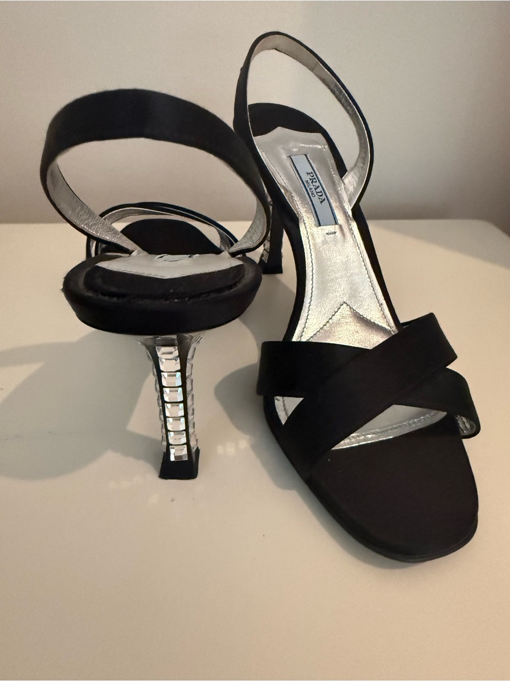 Prada Black Satin Crystal-Embellished Heel Slingbacks